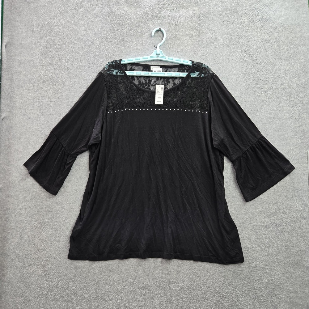 Avenue Women Blouse 18/20 Black Studded Lace Scoop Neck Pullover NWT